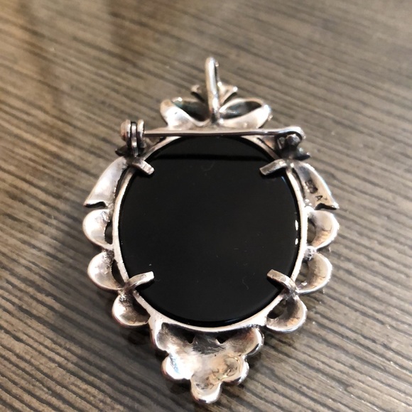 Vintage Sterling Silver, Marcasite, Onyx, & Mother of Pearl Cameo - Picture 4 of 16